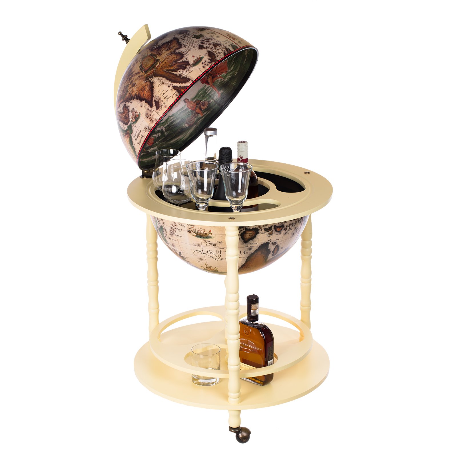 45001Grand chariot de bar, en forme de globe terrestre, avec piliers en bois d'eucalyptus massif, blanc ivoire, ouvert, 112 cm de hauteur et 56 cm de largeur, déplaçable par roulettes, style ancien, idéal comme bar décoratif, bar de maison, bar à cocktail