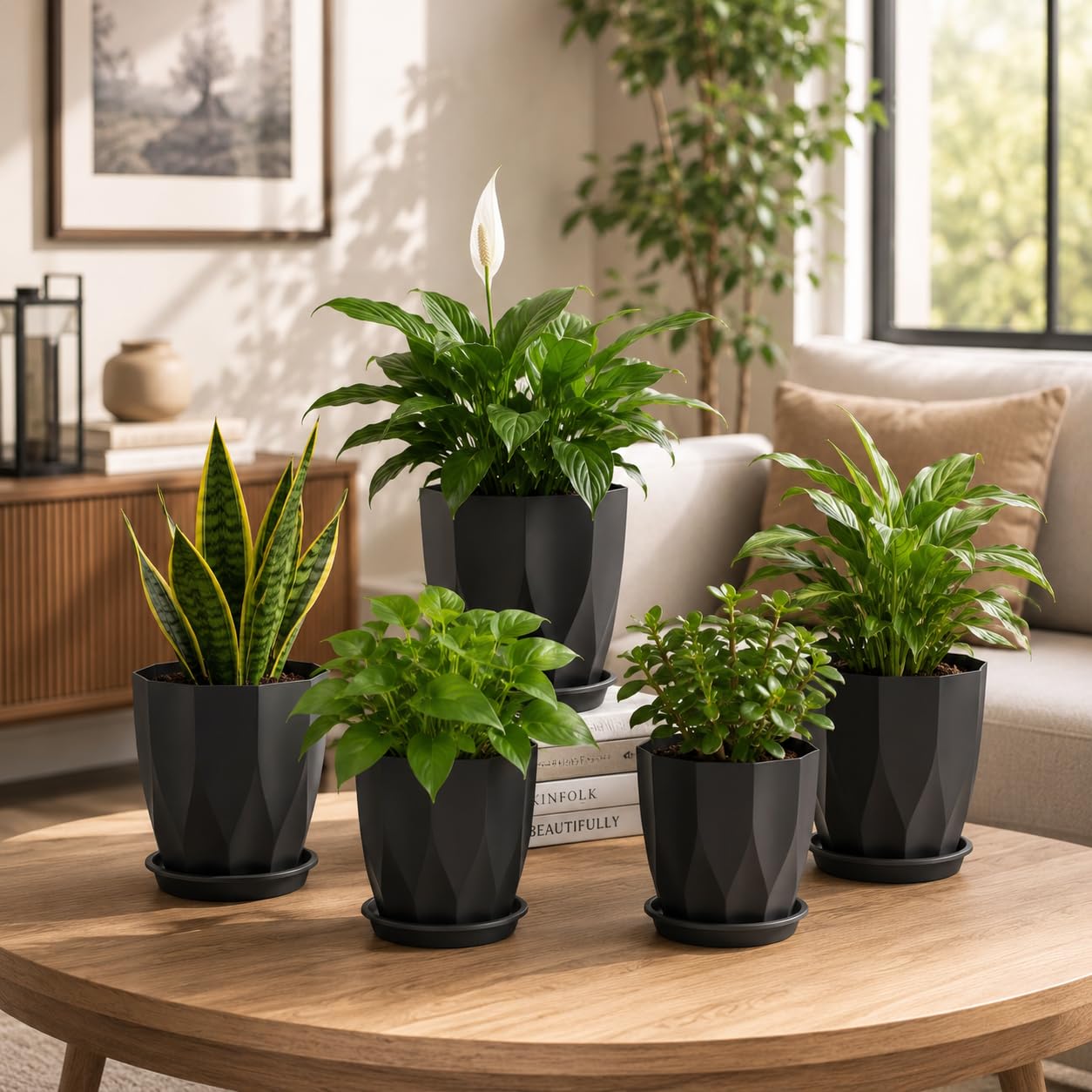 Black Flower Pots for Home Decor, Pack of 5 Plastic Plant Pots with Drain Tray, 6 x 6.5 Inch Indoor Outdoor Planters for Living Room, Balcony, Garden, Office Desk & Nursery Plants-image-13