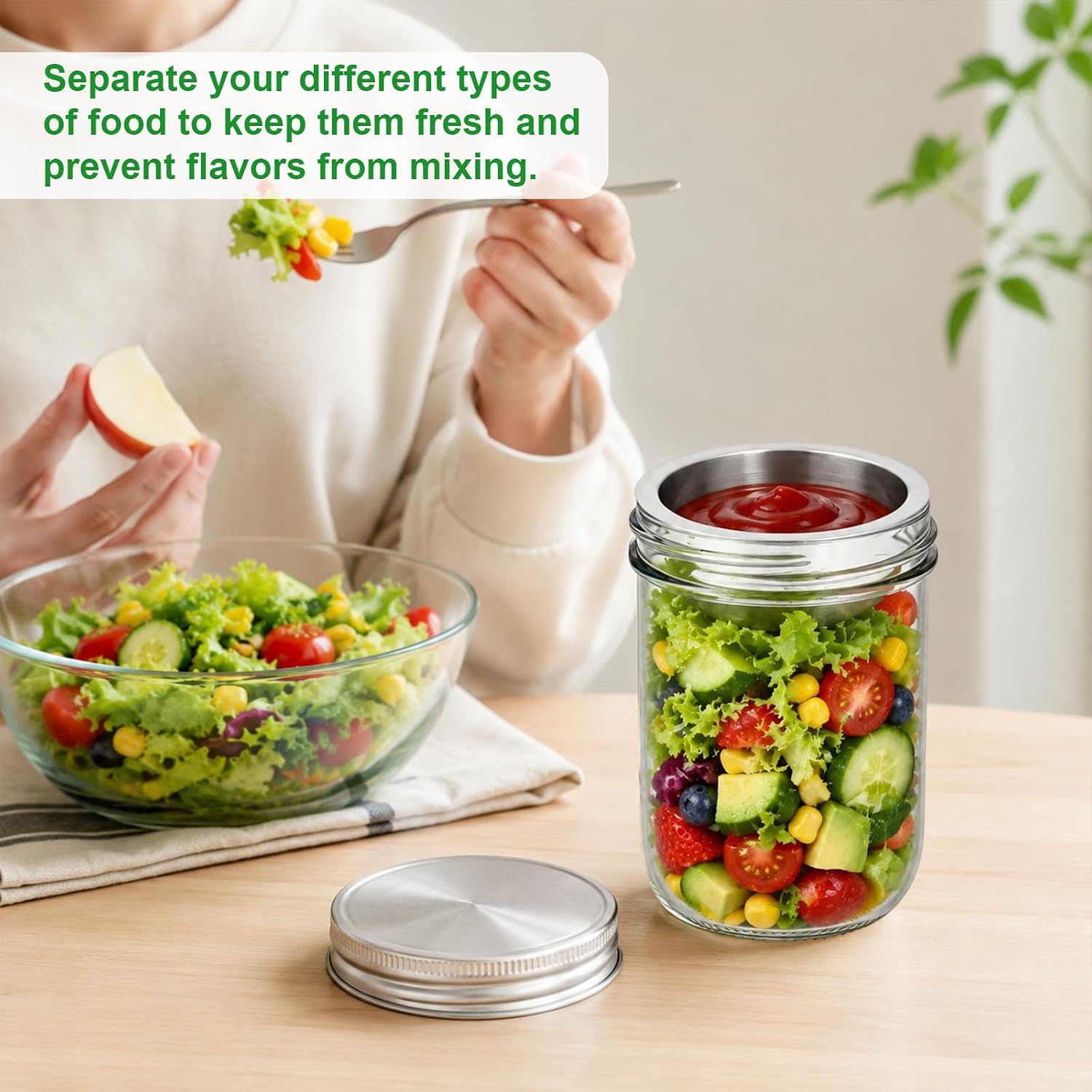 2 Sets Mason Jar Salad Divider Lids, Stainless Steel Divider Lids | Premium Mason Jar Salad Divider Lids Dishwasher Safe Compatible with Wide-Mouth Mason Jar 16oz 24oz 32oz 64oz