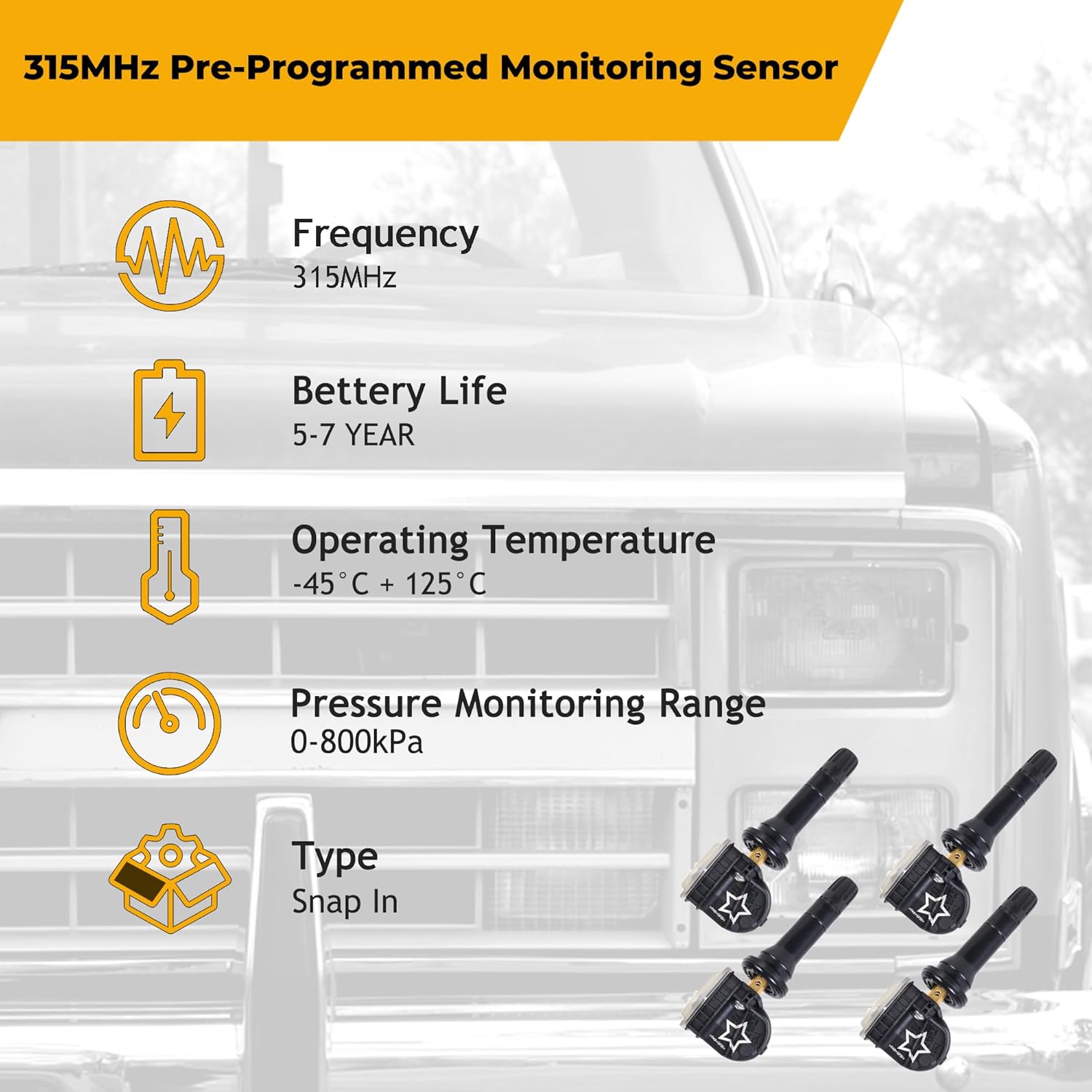TPMS Sensors Set of 4 Pre-Programmed Tire Pressure Sensor 315MHz for Chevy Silverado Tahoe GMC Sierra Replace# 13586335 13598771 13540600(4PCS)