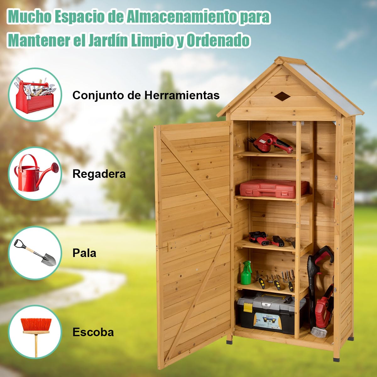 COSTWAY Caseta Jardin Exterior de Madera, Cobertizo Jardin Exterior con 5 Estantes y 2 Puertas con Cerradura, Armario para Herramientas con Techo Impermeable para Jardín Balcón Terraza (80x45x177cm)