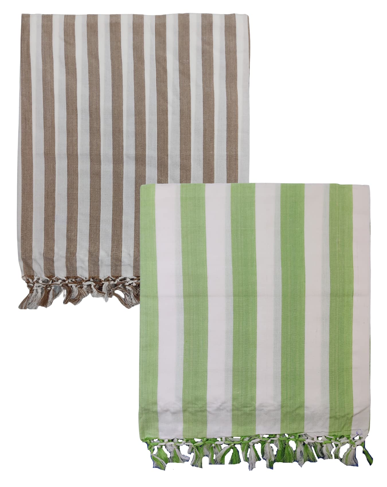 Arvore Bunkaar 100% Pure Handloom Soft Beautiful Bhagalpuri Summer Blanket/Khes/Dohar/Top Sheet Set/Chadar in and Size- 245cm X 130cm - Combo Pack of 2 (Green Brown Striped)
