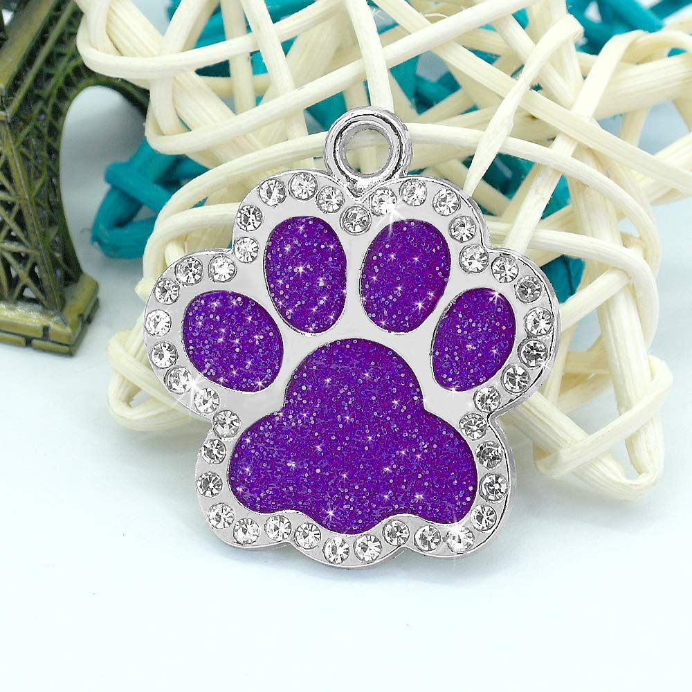 Didog Glitter Rhinestone Paw Print Custom Pet ID Tags,Crystal Stainless Steel Personalized Engrave ID Tags Fit Small Medium Large Dogs and Cats,Purple