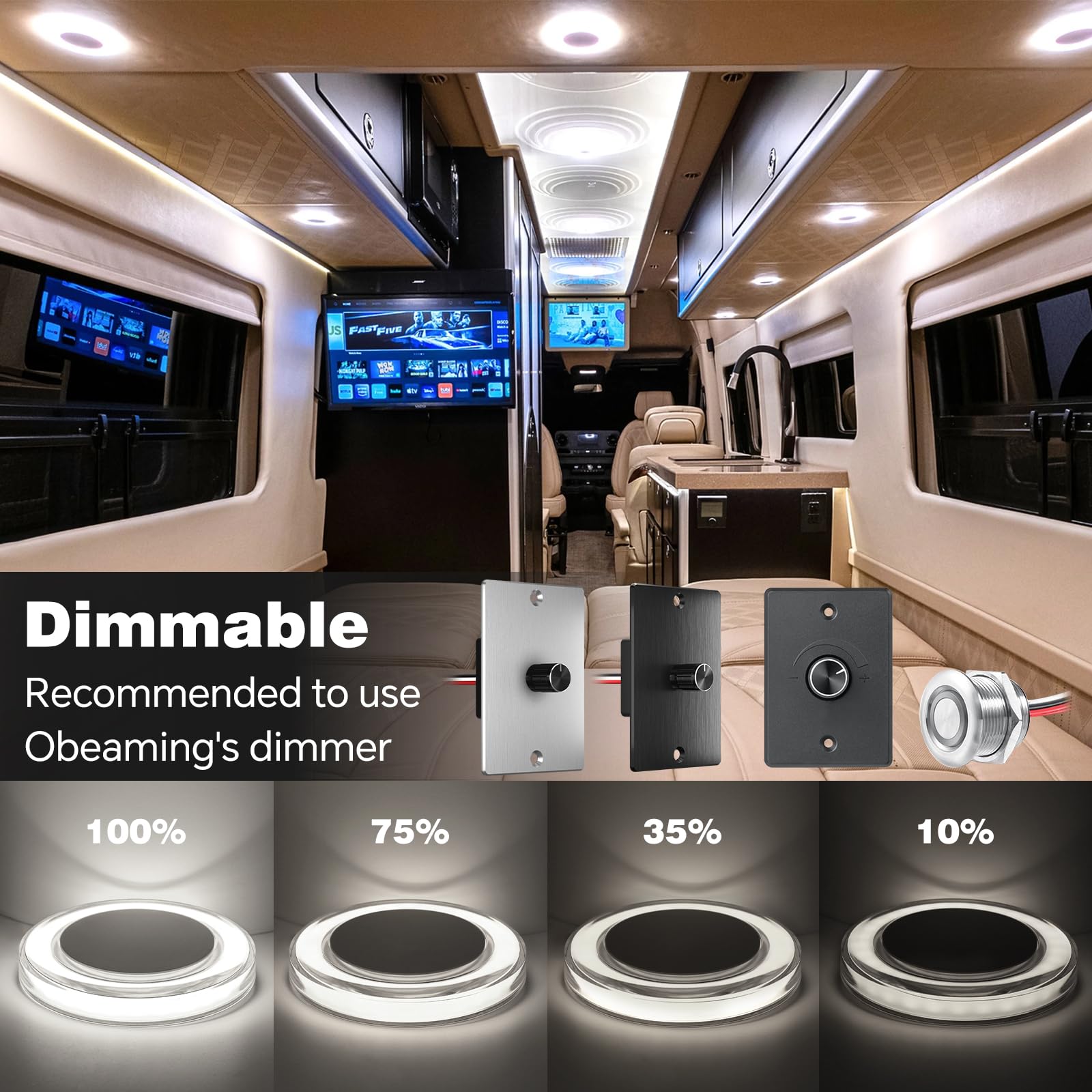 4 x Lámpara LED 12V Autocaravana Regulable Panel Luz de Techo 76mm 320LM 3W, para Caravana Barco Remolque Coche Iluminación Interior (5000K)