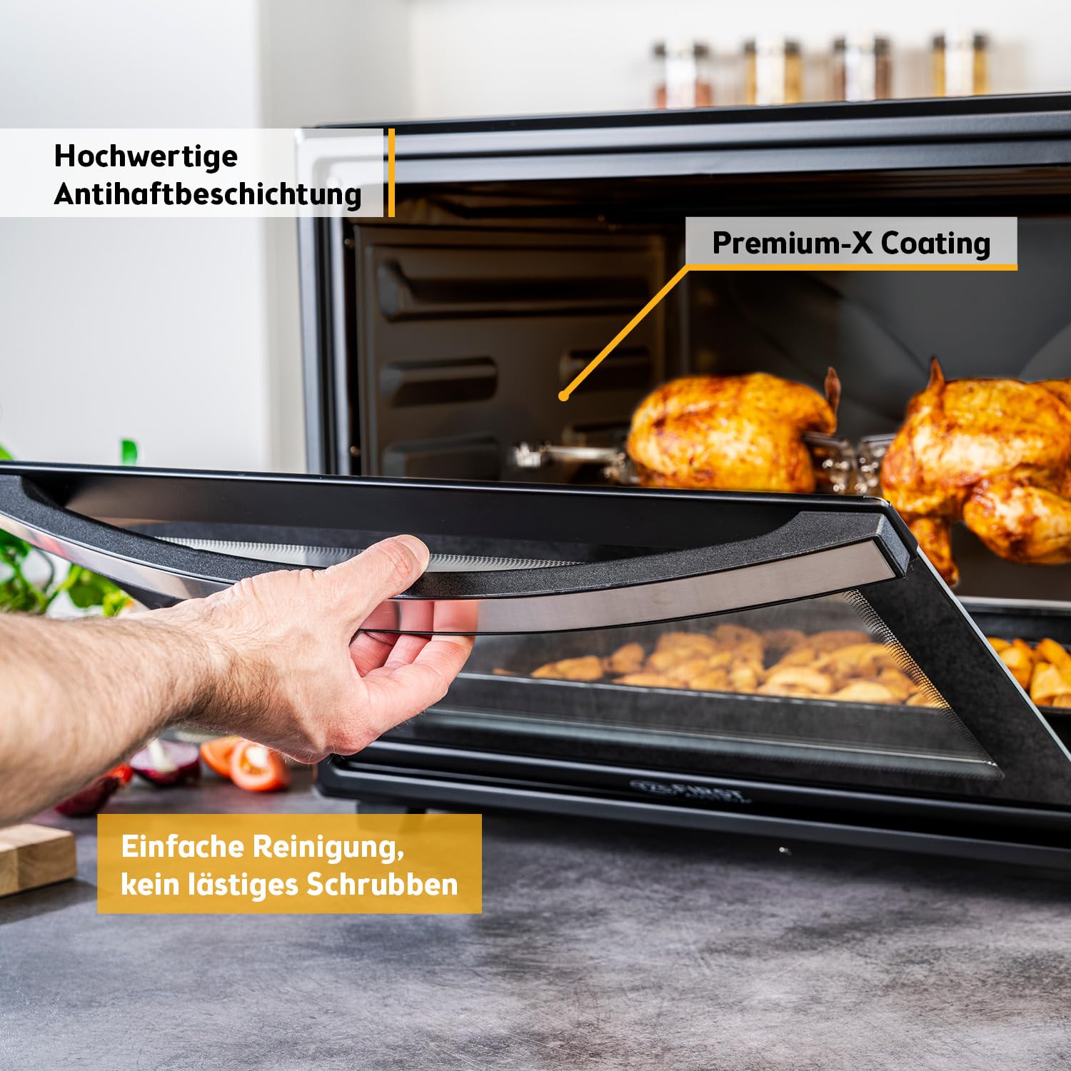 TZS First Austria - Minibackofen 60L 2000W - Mini Backofen Pizzaofen Temperaturregelung bis 230°C & 6 Modi - Geräumiger Miniofen mit 60 Min. Timer, 4 Einschubhöhen, Backblech, Grillrost & Drehspieß