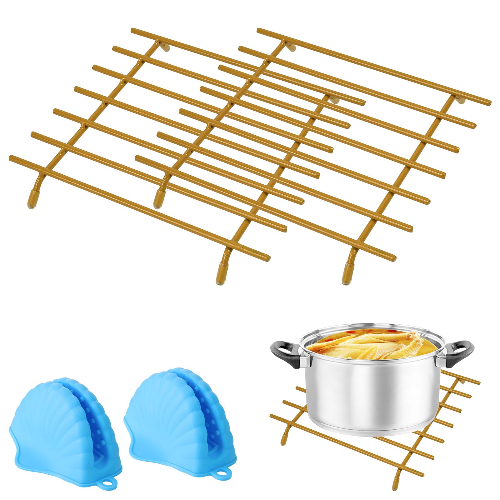 KARBAG 2 Pcs Kitchen Trivet Stand, Heat Resistant Anti Slip Trivets Kitchen Worktop Protector Stainless Steel Trivet Pan Stands with 2 Heat Insulation Hand Clip for Kitchen Worktops, Hot Pans(Gold)