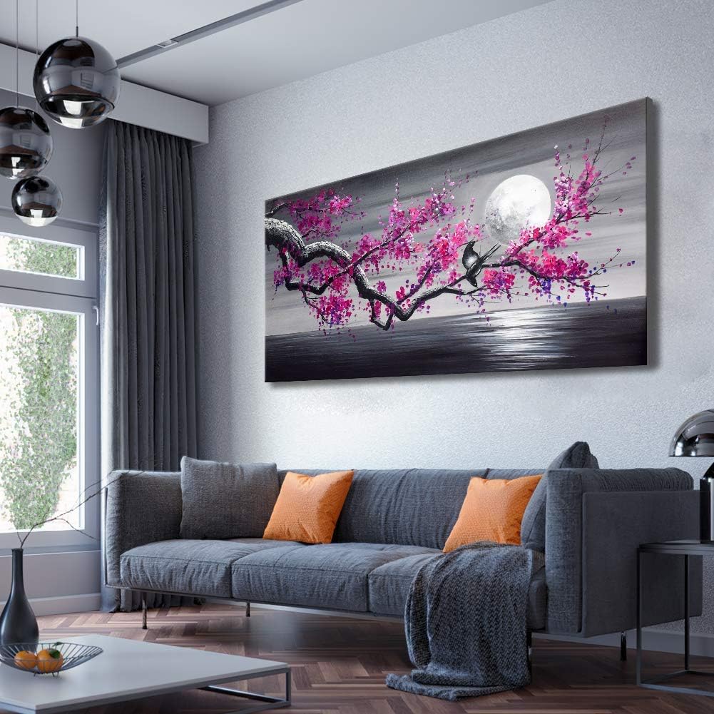 Framed Plum Blossom Tree Oil Painting Purple Flower Canvas Wall Art Large Gallery Wrapped Black and White Floral Landscape Pictures Living Room Home Decoration Office 24x48 inches