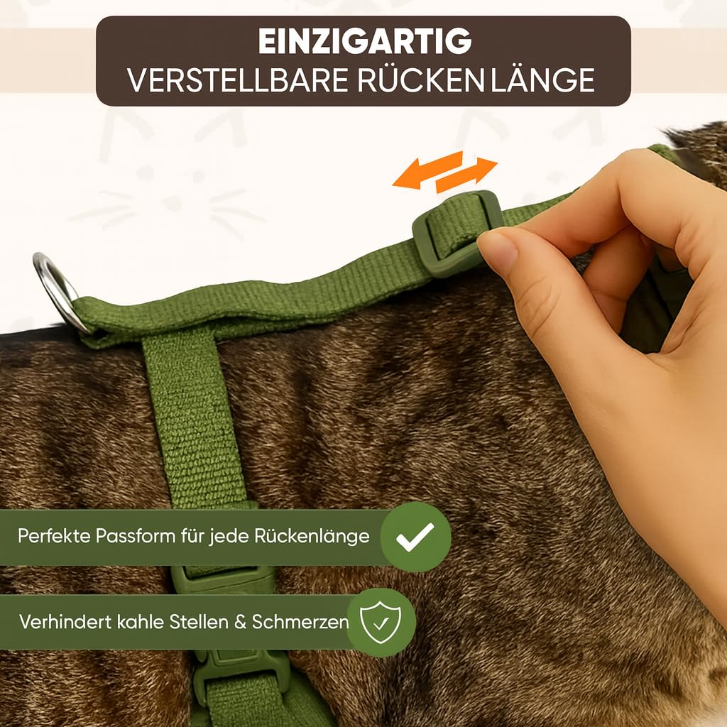 Katzengeschirr Easy Walking Katzengeschirr 2.0 ausbruchsicher, verstellbar, für Katzenleine draußen, Balkon, Garten Bengal, BKH kleine und große Katzen (Grün-Camouflage, S)