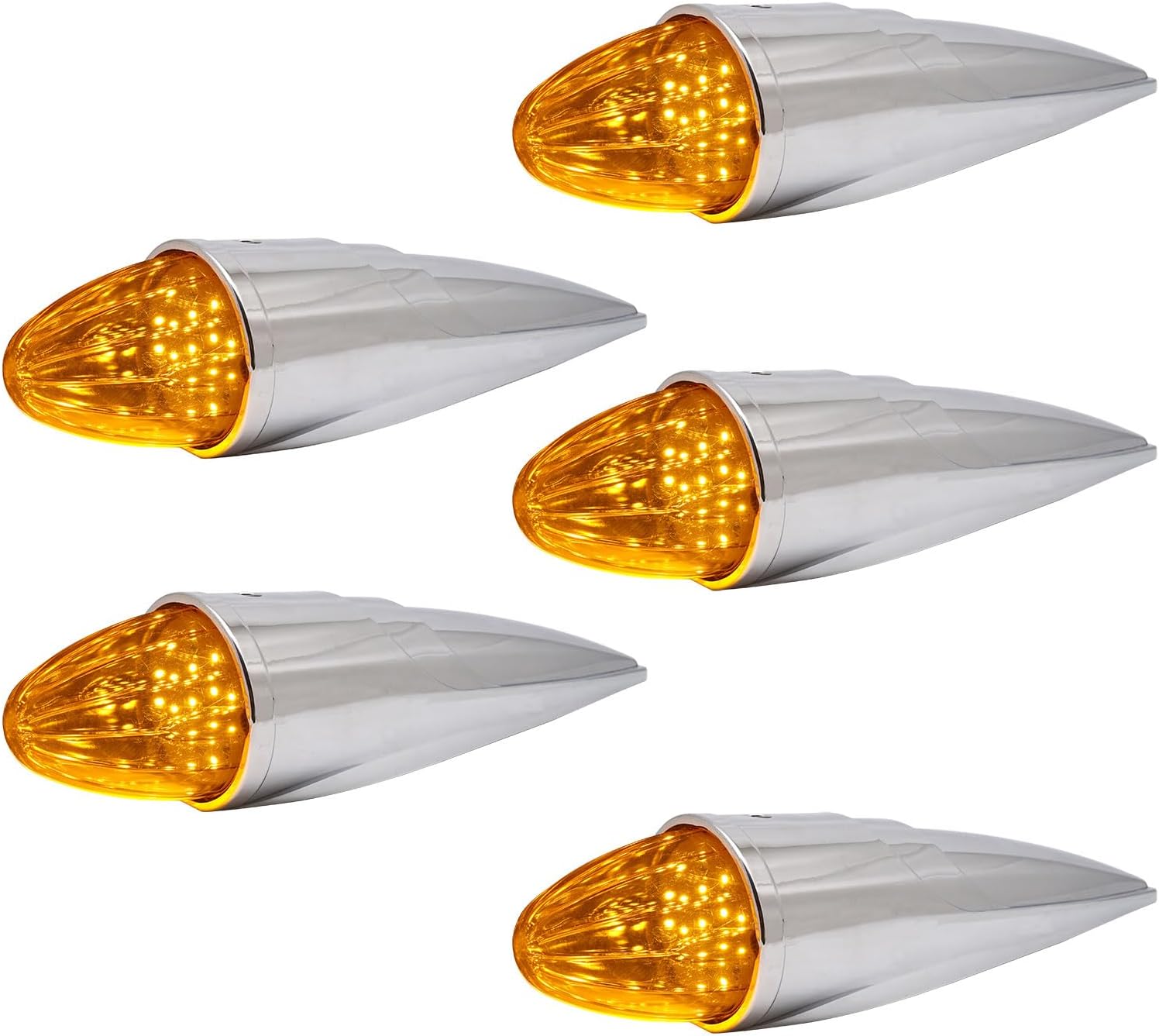 5PCS 17 LED Cab Marker Light Roof Running Top Lamp Replacement for Kenworth/Peterbilt/Freightliner/Mack Heavy Duty Trucks Amber Torpedo Lights Assembly Super Bright Chrome