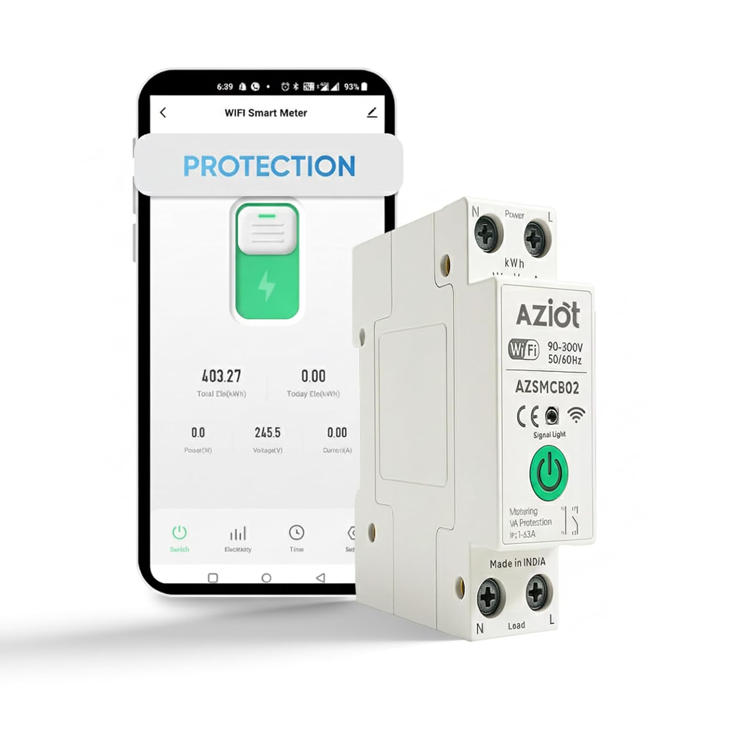 AZIOT 1P 63A WiFi Smart Circuit Breaker with Power Monitoring, Remote & Voice Control | Over/Undervoltage & Overcurrent Protection | Works with EV Chargers, Heaters, Pumps | SmartLife App