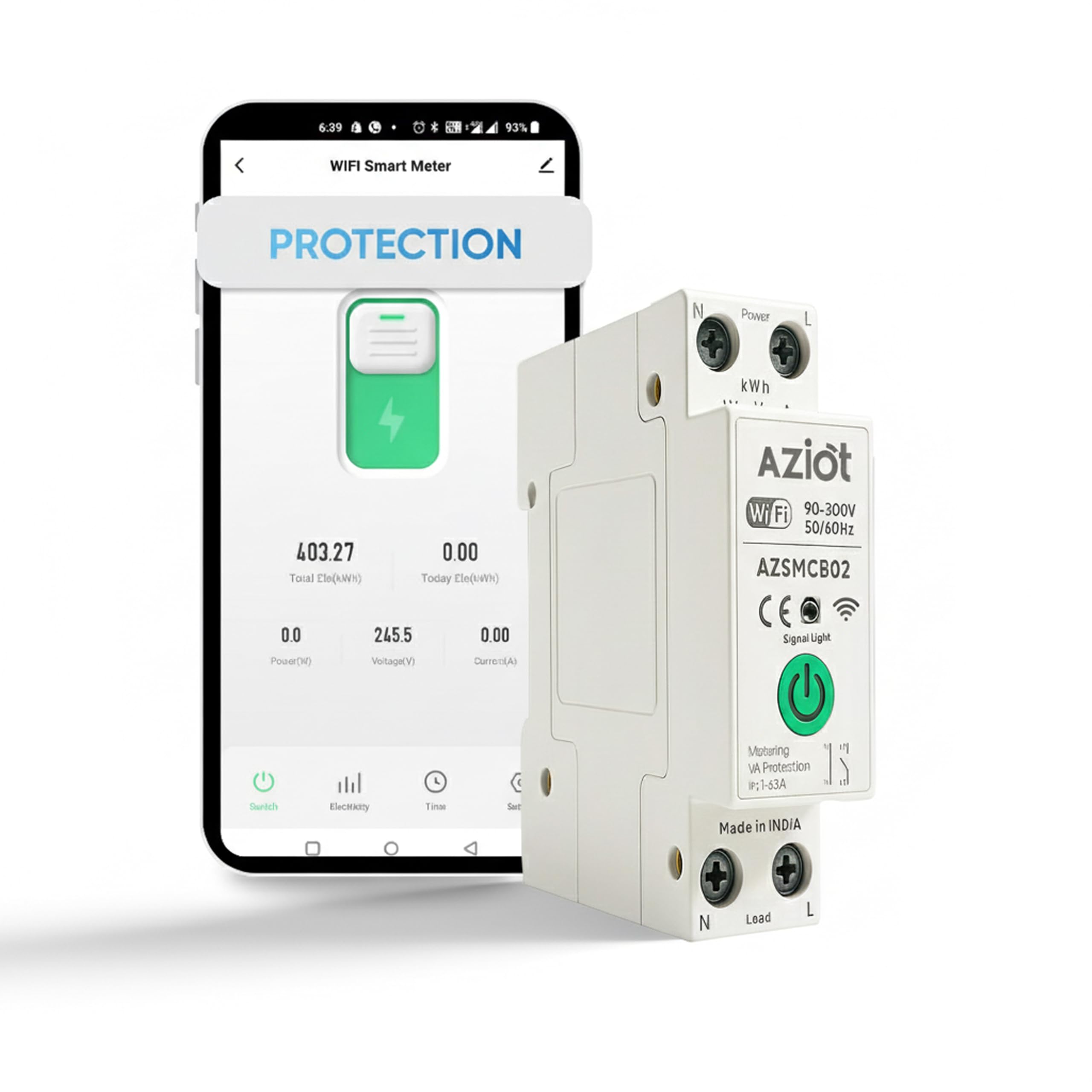 AZIOT 1P 63A WiFi Smart Circuit Breaker with Power Monitoring, Remote & Voice Control | Over/Undervoltage & Overcurrent Protection | Works with EV Chargers, Heaters, Pumps | SmartLife App