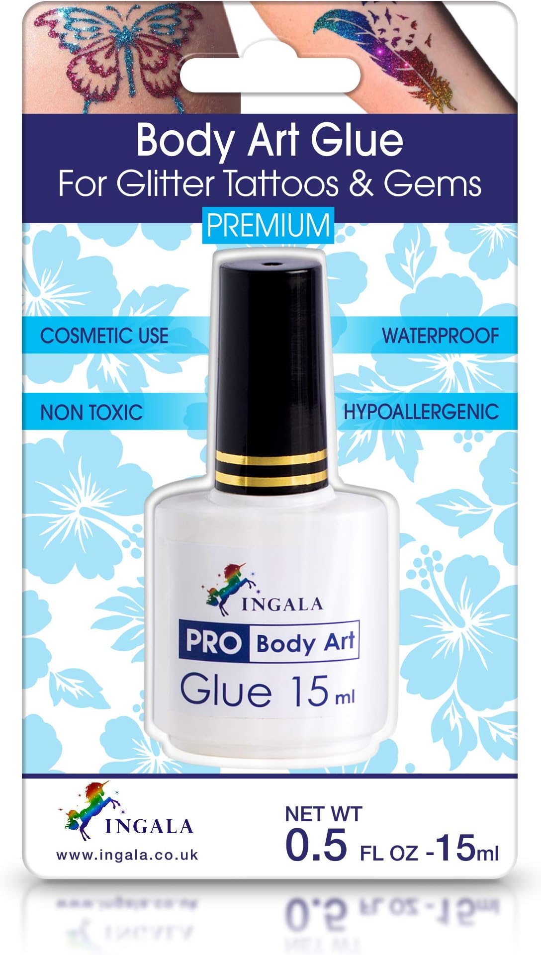 INGALA Premium Body Adhesive | Glitter Tattoo Glue | Double Size: 0.5fl oz / 15ml | Hypoallergenic & Dermatologically Tested | Waterproof