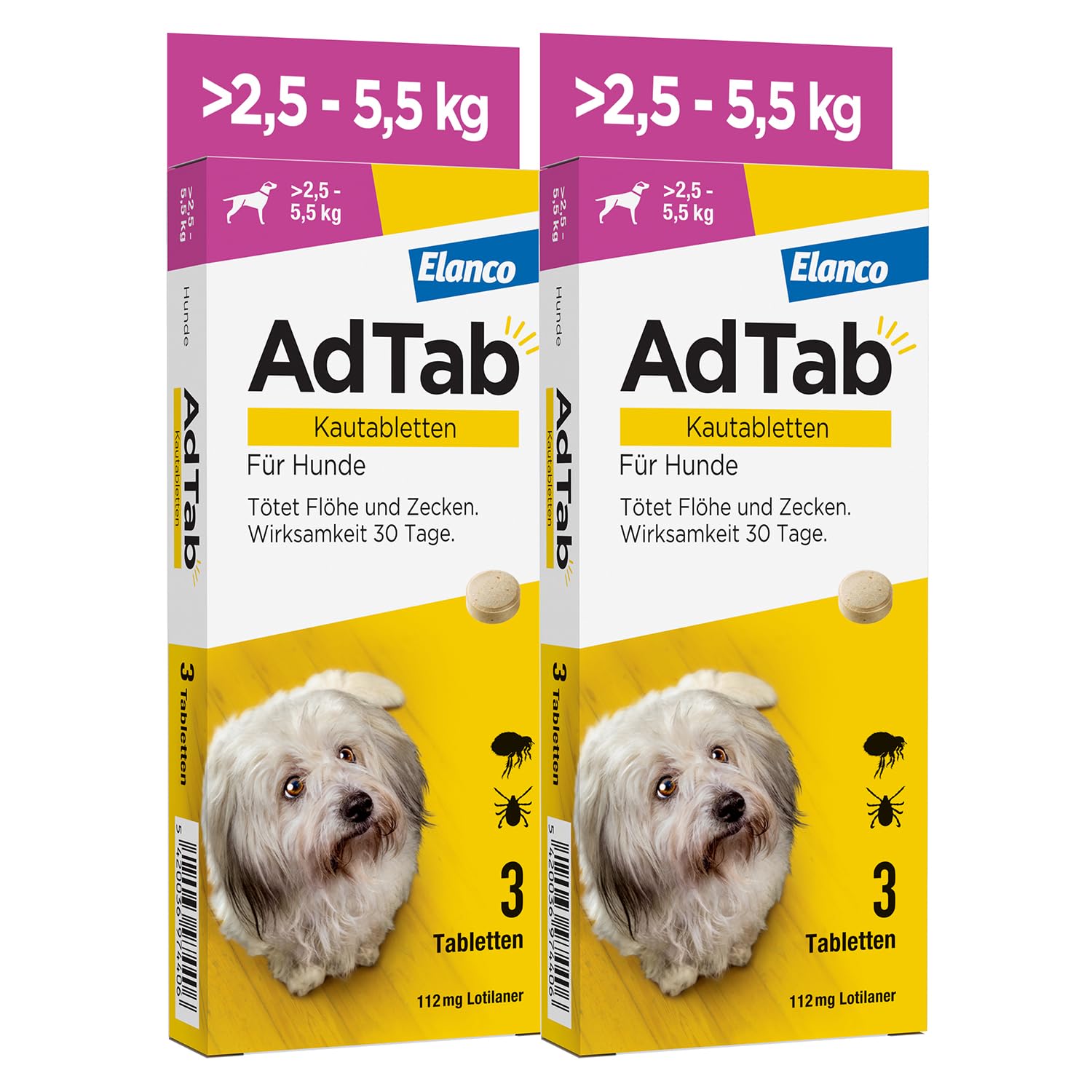 AdTab Hund 2,5-5,5 kg - Kautablette gegen Zecken & Flöhe, Doppelpack(6 St.) | Kleine Kautablette mit Rindfleischgeschmack. 3 Monate Floh- & Zeckenschutz für deinen Hund, schnelle Wirkung & einfache Gabe.