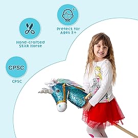 HollyHOME Sequin Unicorn Stick Horse Handcrafted Hobby Horse on a Stick with Wood Wheels Real Pony Neighing and Galloping Sounds Plush Unicorn Toy Blue 36 Inches(AA Batteries Required)