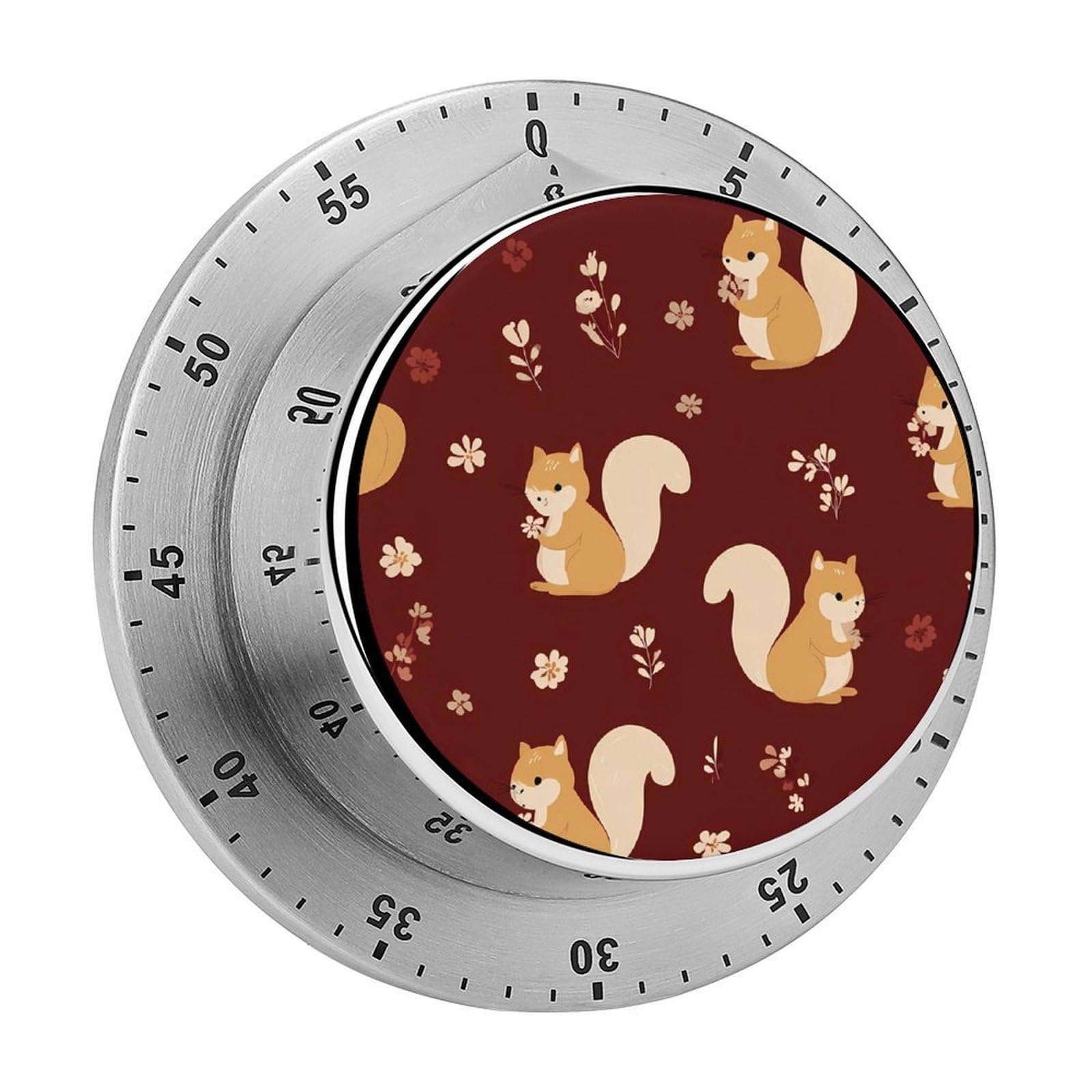 Cute Squirrel Floral Mechanical Timer with Alarm for Kitchen Cooking Productivity Stainless Steel Timers