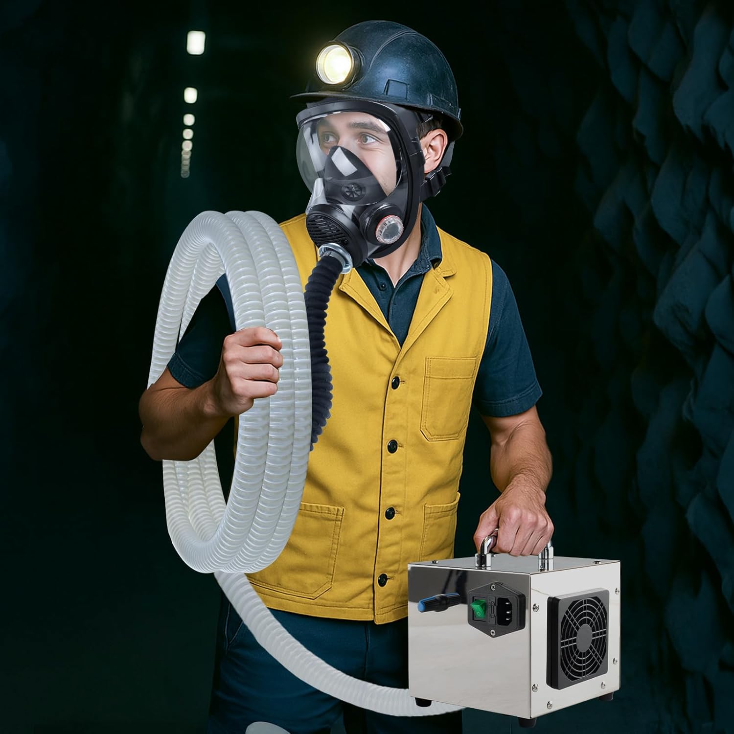 HANUU Portable PAPR Respirator System - High-Efficiency Powered Air Purifying Respirators with 33ft Long Hose - Large Airflow Supplied Air Respirator for Tunnel Construction Industrial