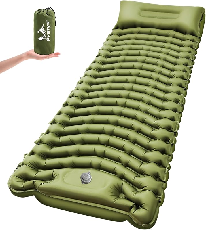 Ultralight Camping Sleeping Pad with Pillow & Built-in Foot Pump | Camping Mattress, Compact Inflatable Portable Mat for Camping, Backpacking, Hiking, Car Traveling, Beach, Tent, Single, Green