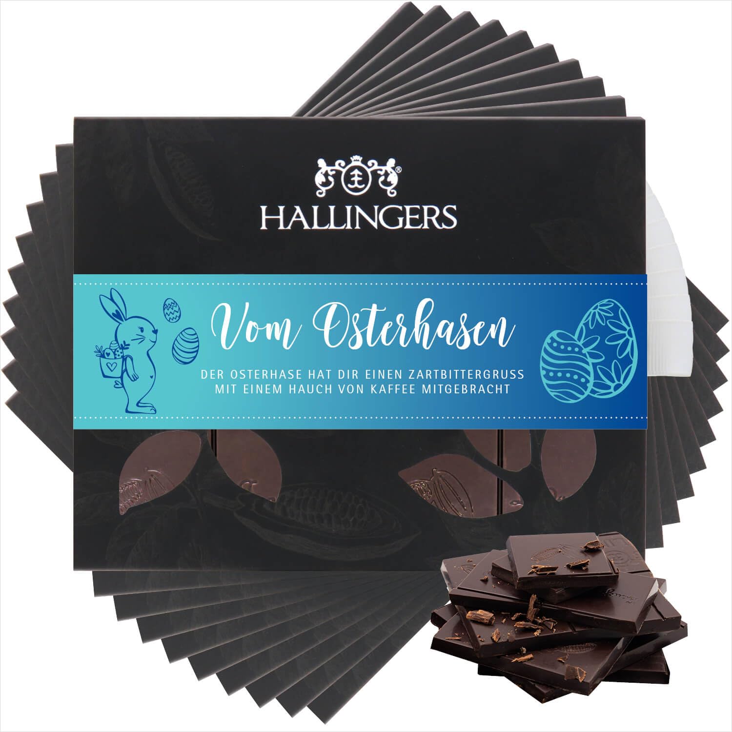 Hallingers Genuss Manufaktur Vegane Schokolade Oster-Geschenk - Tafel handgeschöpfter Edelkakao ohne Alkohol edler Karton 10x "Vom Osterhasen" Kaffee, Ostern Körbchen für Frauen Männer