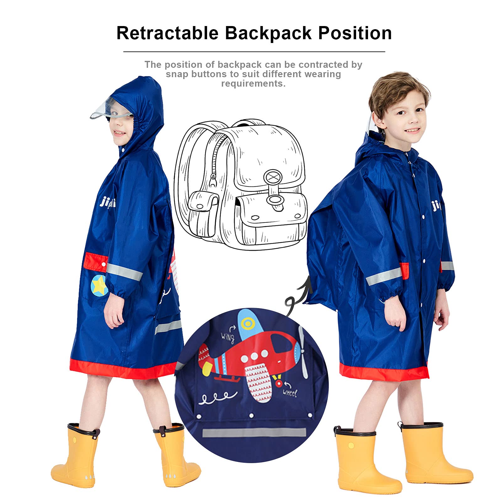 Poncho Pluie á Capuche Enfants Combinaison Imperméable Manteau Cape Vetement Veste Léger Long Réfléchissant Randonnée Running Sport Animal Imprimé Unisexe Filles Garçons 3-12 Ans