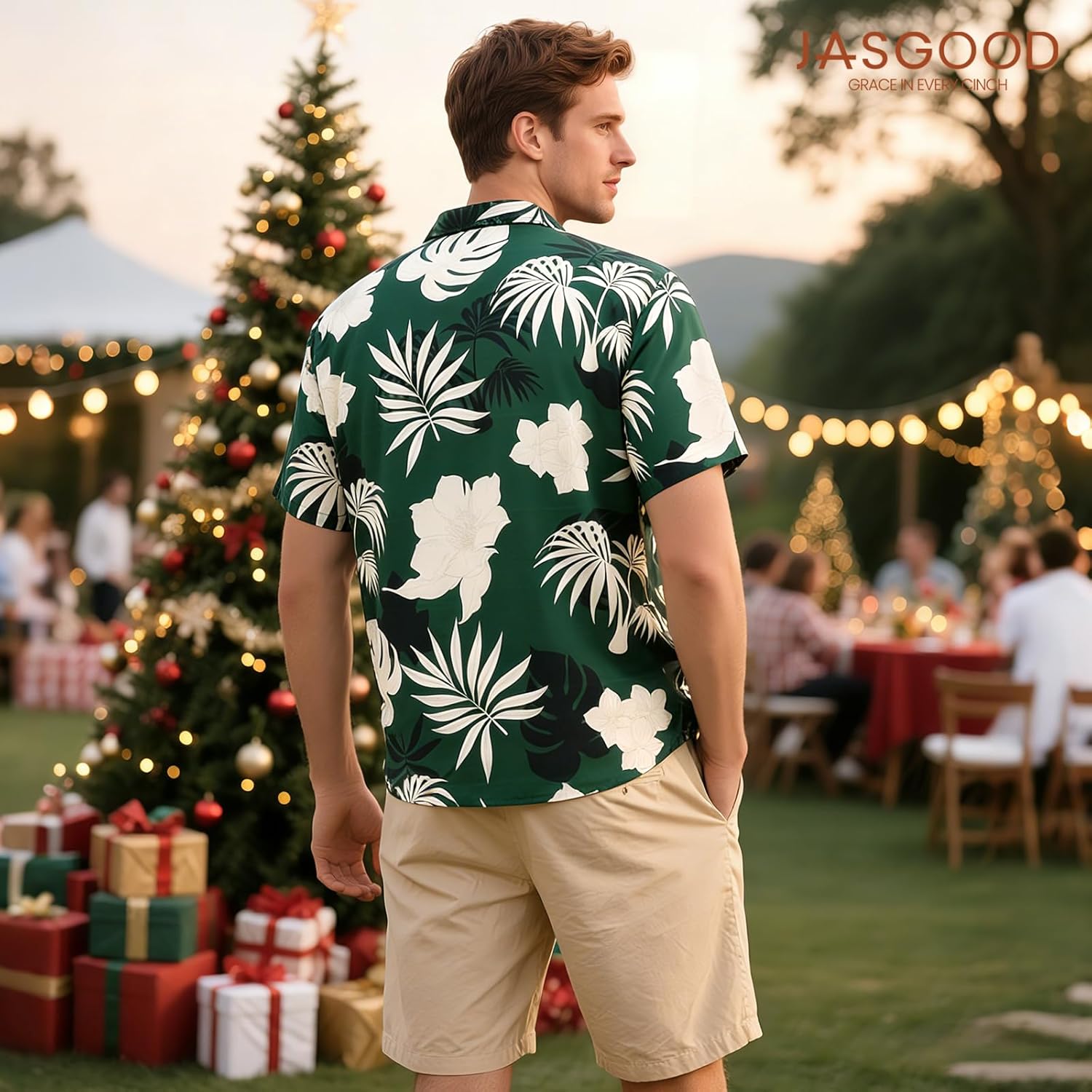 JASGOOD Hawaiian Christmas in July Shirt for Men Short Sleeve Button Down Santa Vacation Shirt Beach Camp Shirt Christmas Hat - Image 2