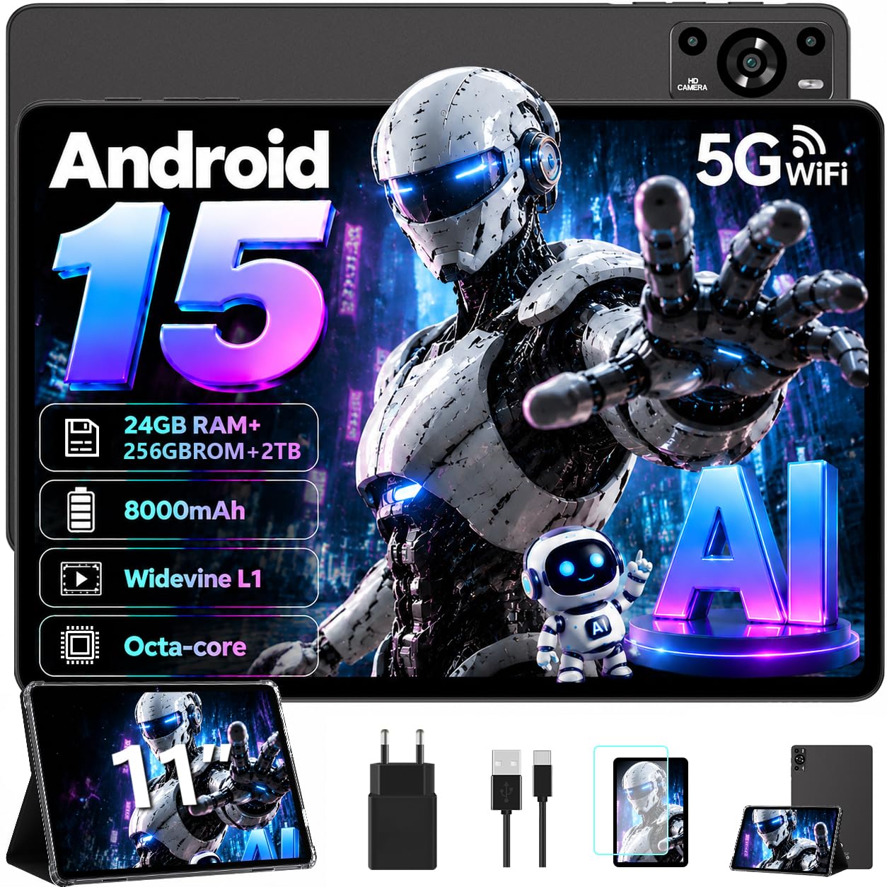 ZIOVO Android 15 TablettesTablette 11 Pouces,24Go RAM+256Go ROM(TF 1To),5G WiFi Tablette,Octa-Core 2.0GHz/8000mAh/13+5MP/Couvercle Métallique/Widevine L1/Soutenir Neflix, Tablette Tactile -Noir