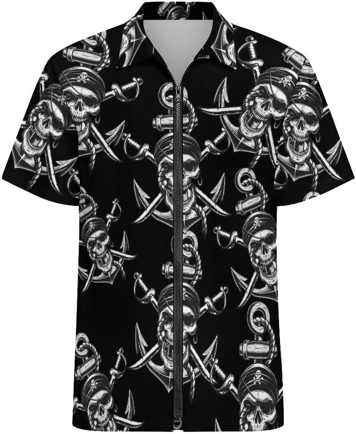 Pirate Skull Swords Anchorss Men's Short Sleeve Shirt Zip-Up Golf Polo Shirts with Pocket