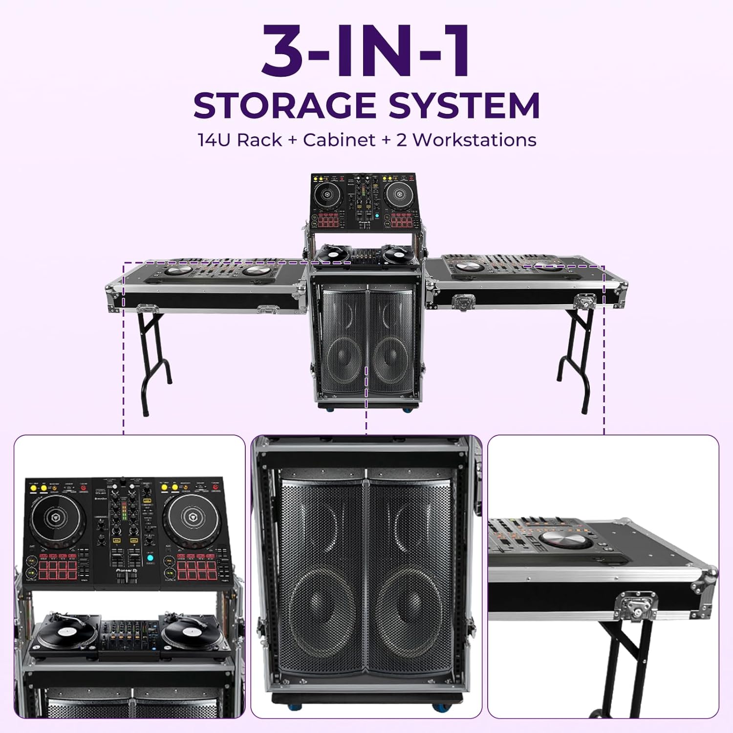 14U PA DJ Rack with 2 DJ Table Top,Studio Rack Recording Studio Racks, PA DJ Cabinet Network & Stereo Rack with 4 Wheels