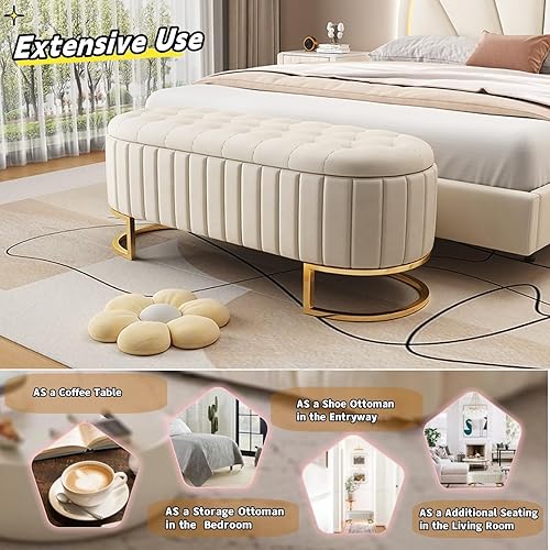 Miniatura 4 de Polibi Elegante otomana tapizada de terciopelo con botones, banco de almacenamiento con patas de metal para dormitorio, sala de estar, entrada,