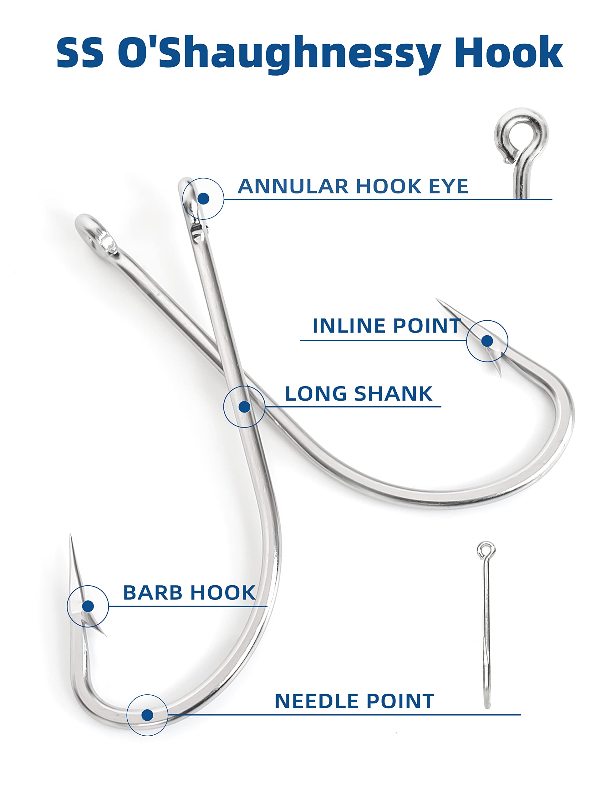 BLUEWING Stainless Steel SS O' Shaughnessy Hooks 5pcs Heavy Duty Long Shank Fishing Hooks For Saltwater & Freshwater, Size 14/0 - Walmart Supplies