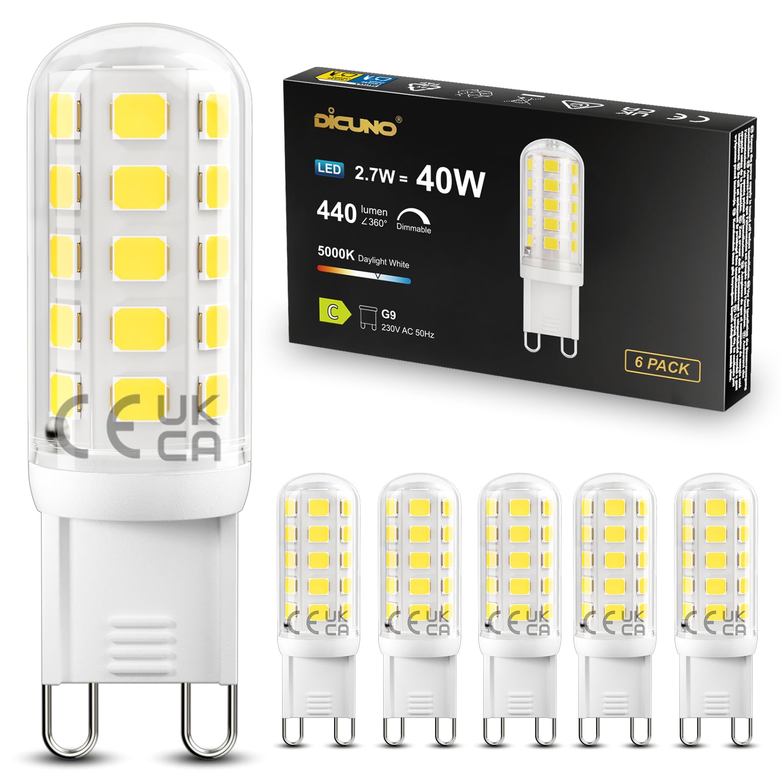 DiCUNO G9 LED Lampe dimmbar, 2,7W ersetzt 40W Halogen, 5000K Kaltweiß, 440lm, 360° Abstrahlwinkel, Label C, T4 LED Birne für Kronleuchter & Deckenleuchte, flimmerfrei, 230V AC, 6er Pack
