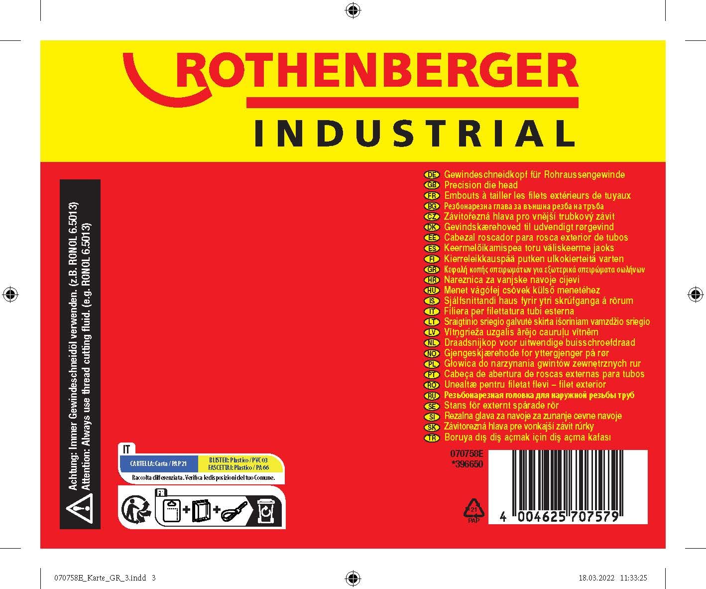 Rothenberger 070758E - Cabezal de corte de rosca industrial (diámetro de 1 pulgada, para rosca cónica)