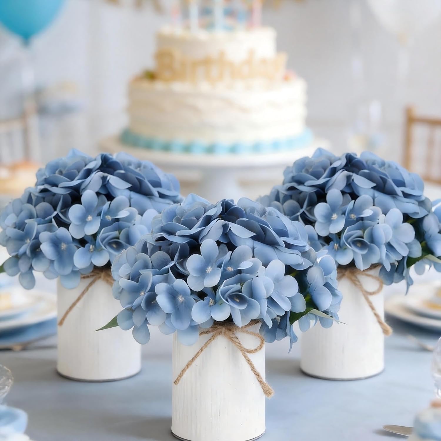 Flower Table Centerpieces - Set of 6 Floral Arrangement Artificial Wedding Hydrangeas Floral Arrangement with Rustic Metal Vase for Bridal Tea Party Event Decorations - Dusty Blue - Image 3