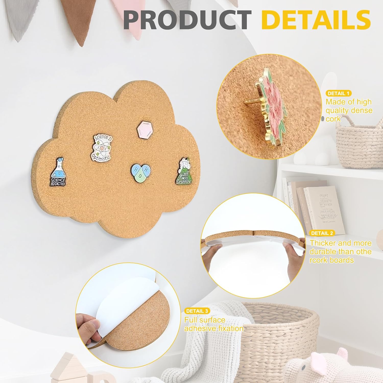 3 Pcs Cloud Cork Board Push Pin Display Board for Walls 0.5" Thick Cute Felt Bulletin Boards with Thumbtacks Cloud Vision Boards for Photo Decorative Brooch Pin Storage Office Home Decor, 12x8.6