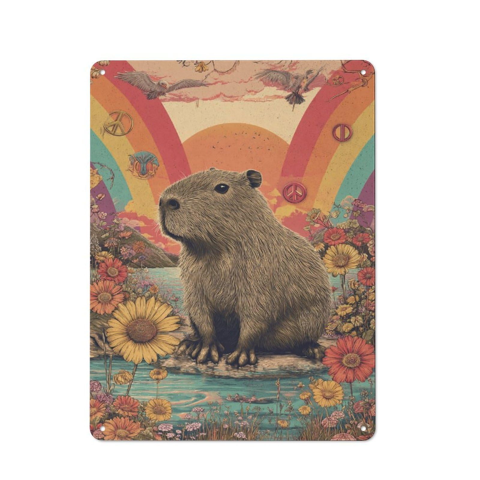 Junmoney Capybara In A Floral Paradise Retro Metal Plaque 40X30cm For Guest Room Or Hallway, Housewarming Present For People Styling Guest Room And Hallway