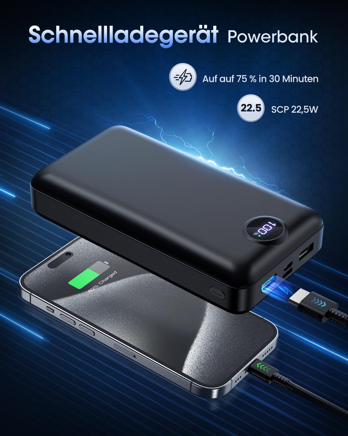 PowerBank 50000mAh große kapazität,3 in 1 Ladekabel 22,5W schnelles Aufladen externer Akku USB-C 3 Ausgänge und 2 Eingänge LED Display Power Bank kompatibel mit iPad iPhone Android usw Black