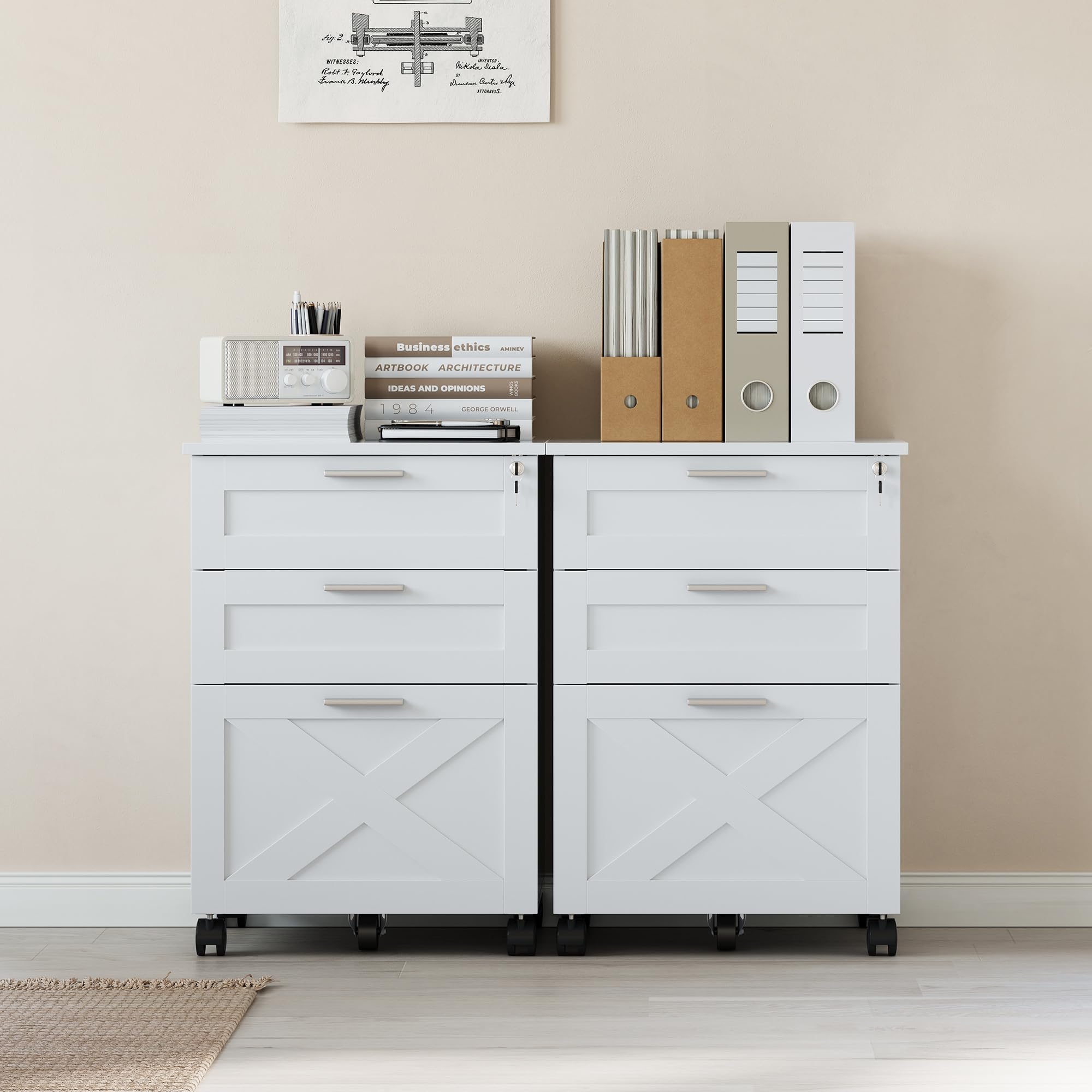 Archivo Móvil 3 Cajones con Cerradura, Cajonera con Ruedas y Estante para Impresora, Organizador de Oficina para Documentos A4, Estructura de Madera, Blanco