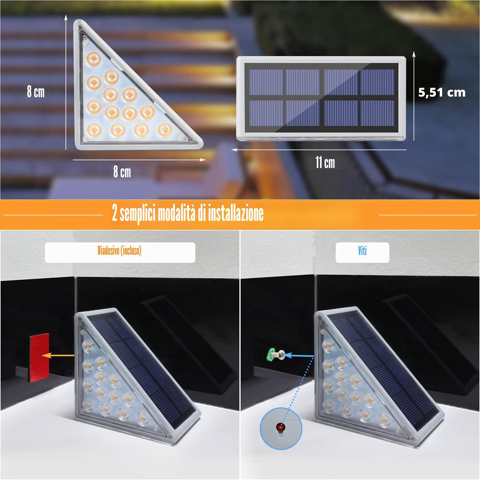 VOLISUN - Set di 8 luci per scale esterne, luci solari per gradini impermeabili IP67, 80 lumen, luci a LED per gradini esterni per giardino, scala, gradino anteriore, veranda anteriore e terrazzo