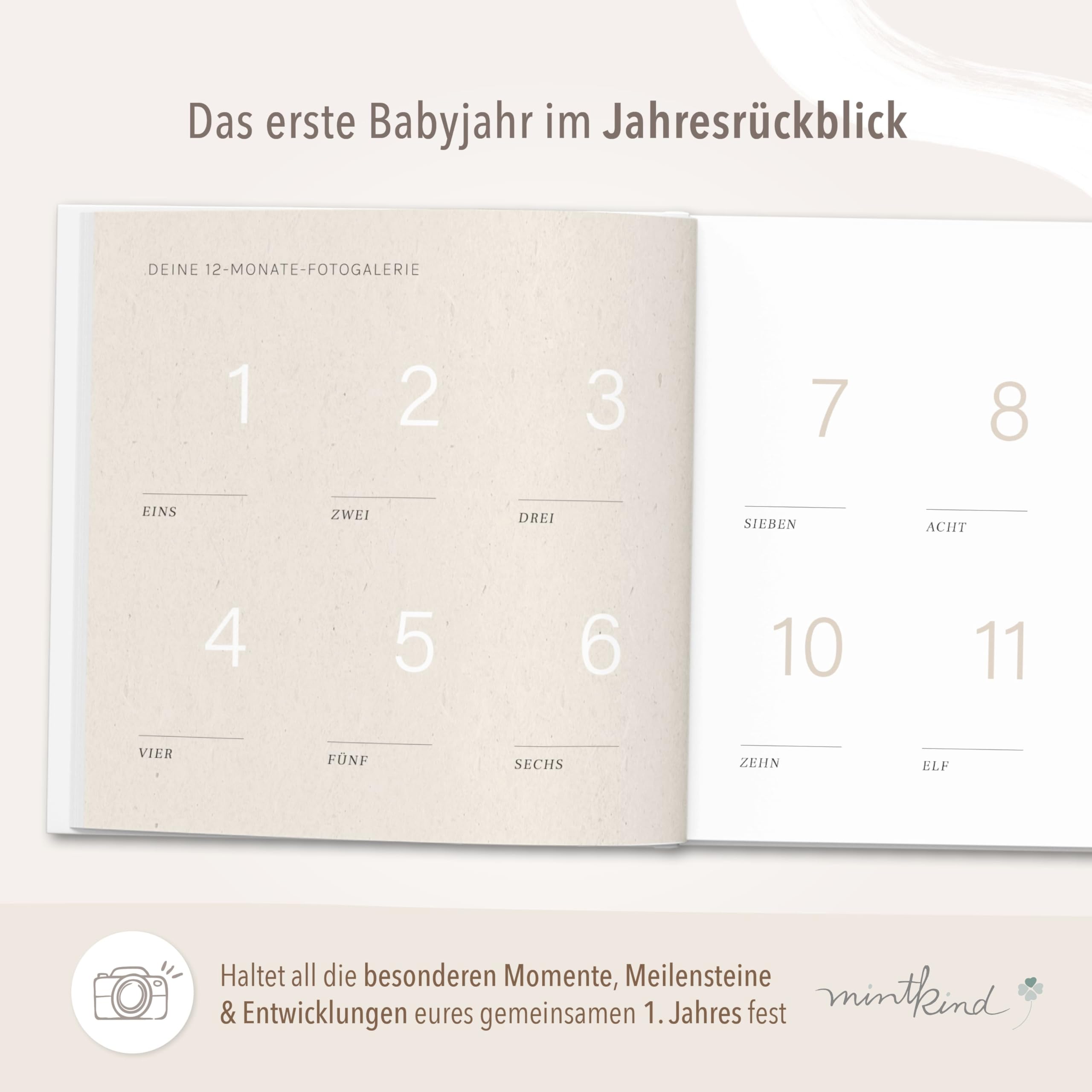 mintkind® Babytagebuch mein erstes Jahr Babyalbum Erinnerungsbuch Baby Coffee Table Edition Leineneinband beige 24x22 cm 132 Seiten Geschenk zur Geburt erstes Lebensjahr mit Platz für Fotos Notizen