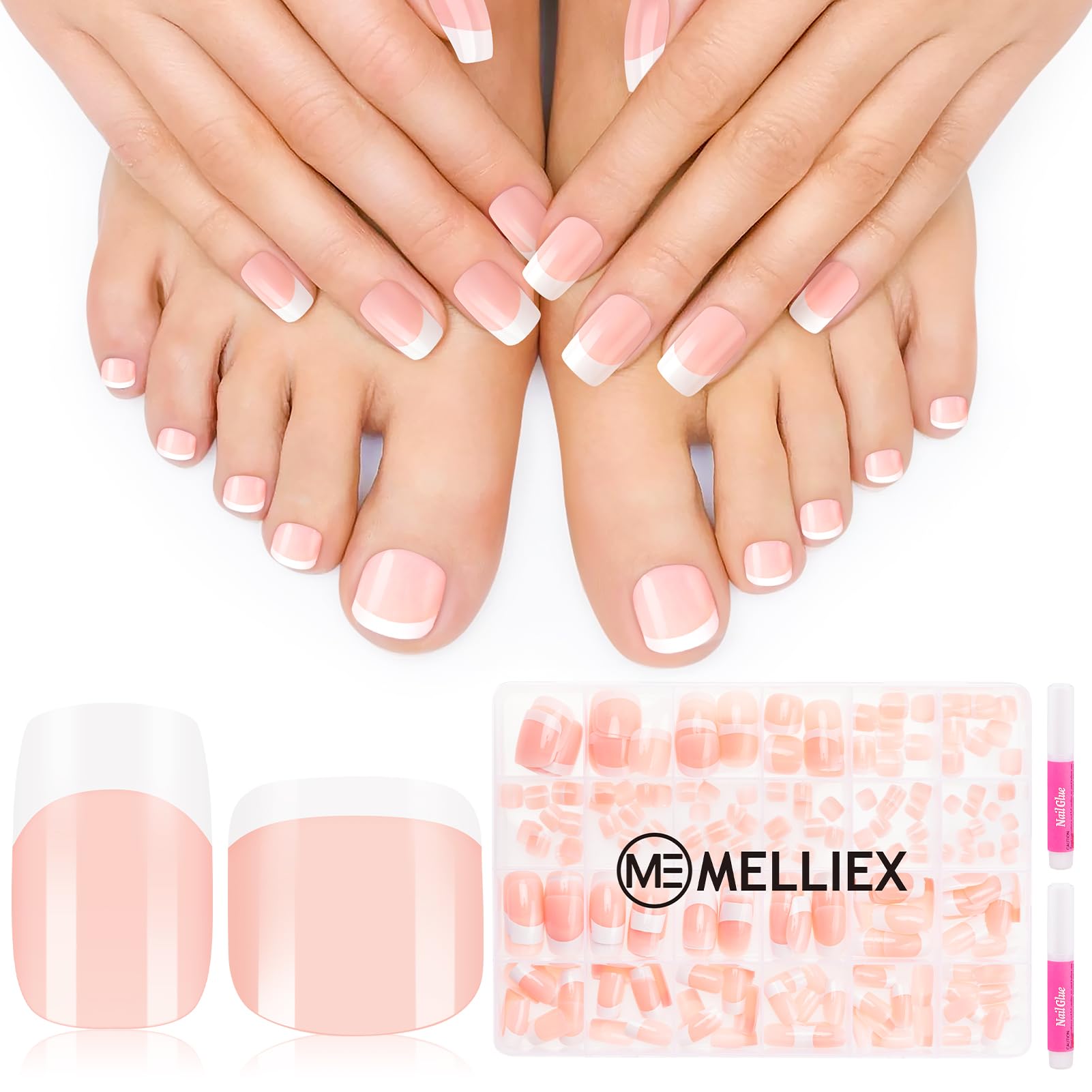 MELLIEX 240 Piezas Uñas Postizas Francesa y Uñas Postizas Pies Set Acrilicas Press on Nails Corto Tips Uñas Cobertura Completa Fake Toenail para Mujeres