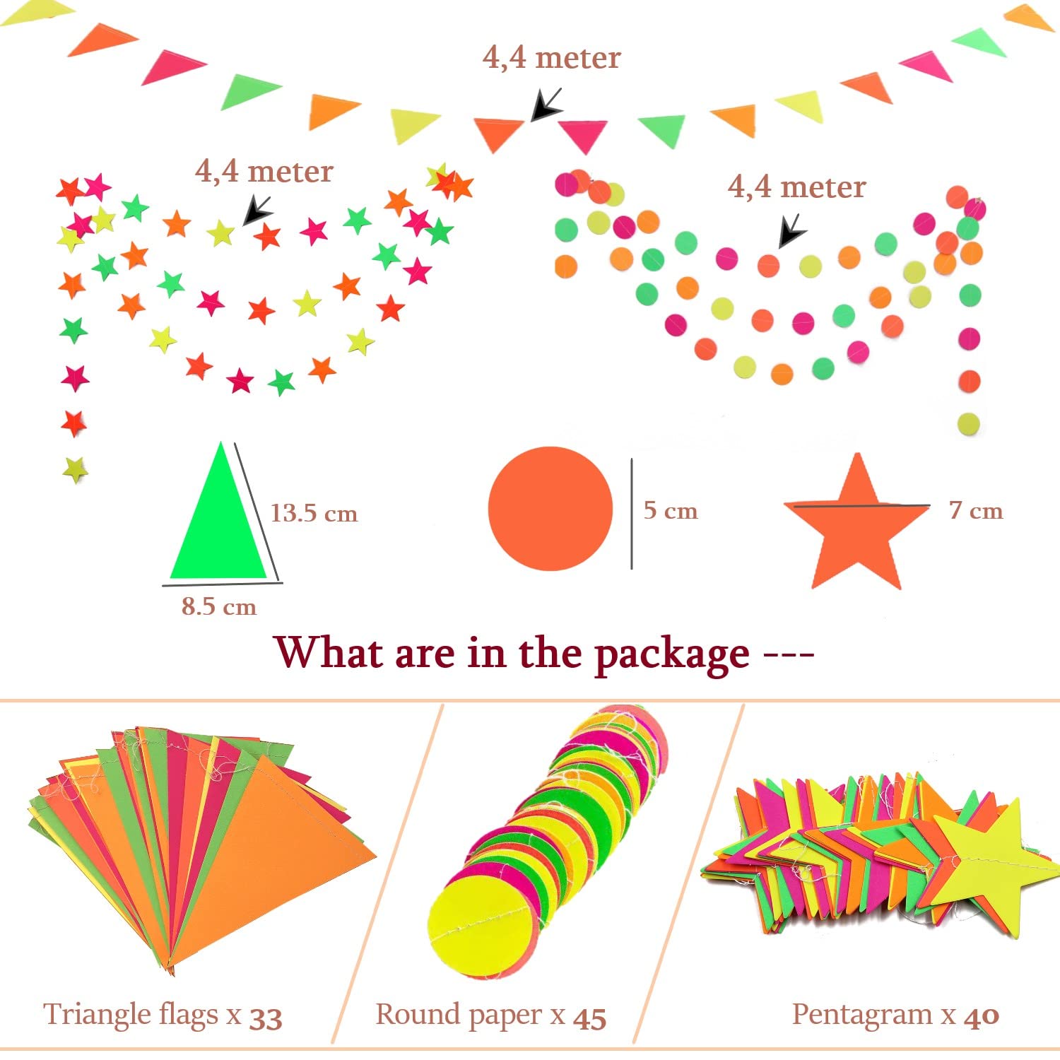 KARLOR Black Light Party Decoration, 3 Shapes/4.4 Metres Each Neon Luminous Garlands Under UV Light, Star Circle Dot Bunting - Image 3