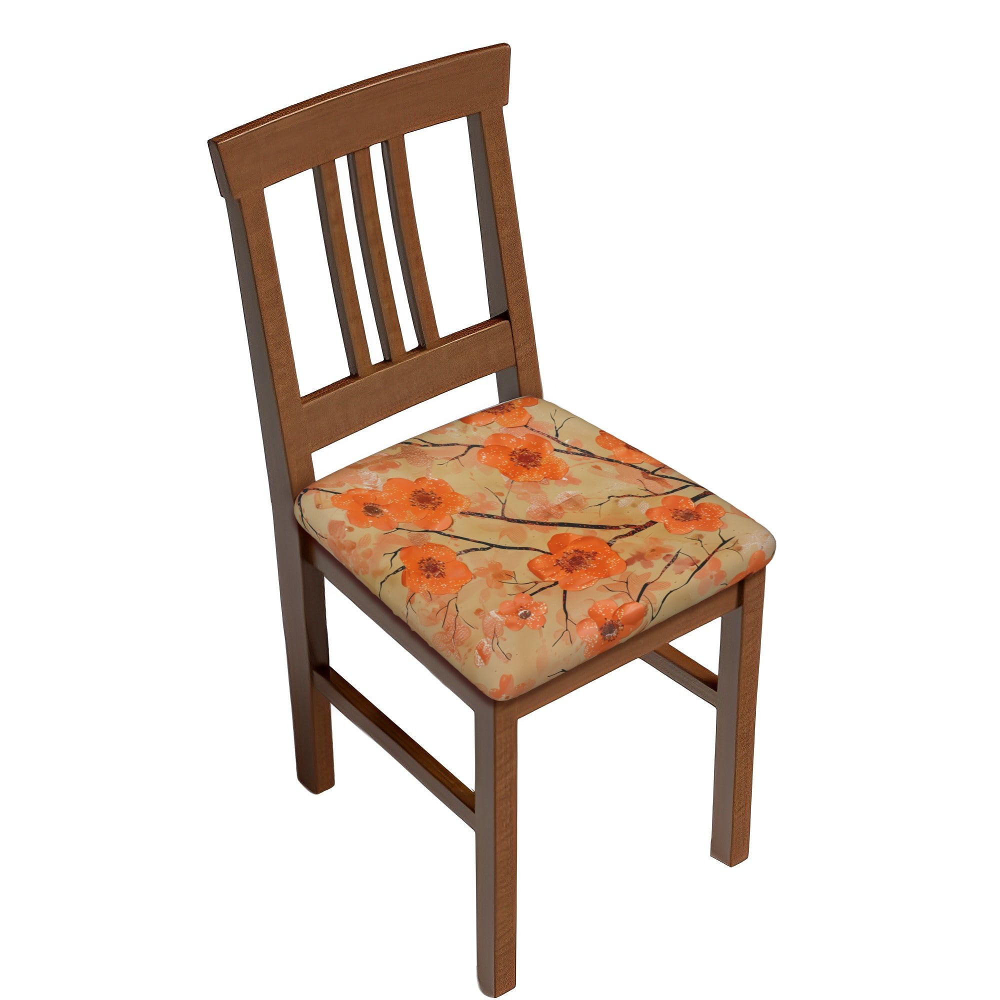 Dining Chair Seat Covers Set of 2, Orange Peach Floral Print Chair Seat Protector Cushion Slipcovers Waterproof Chair Seat Covers for Dining Room Dining Room Seat Cover Protector for Dining Room