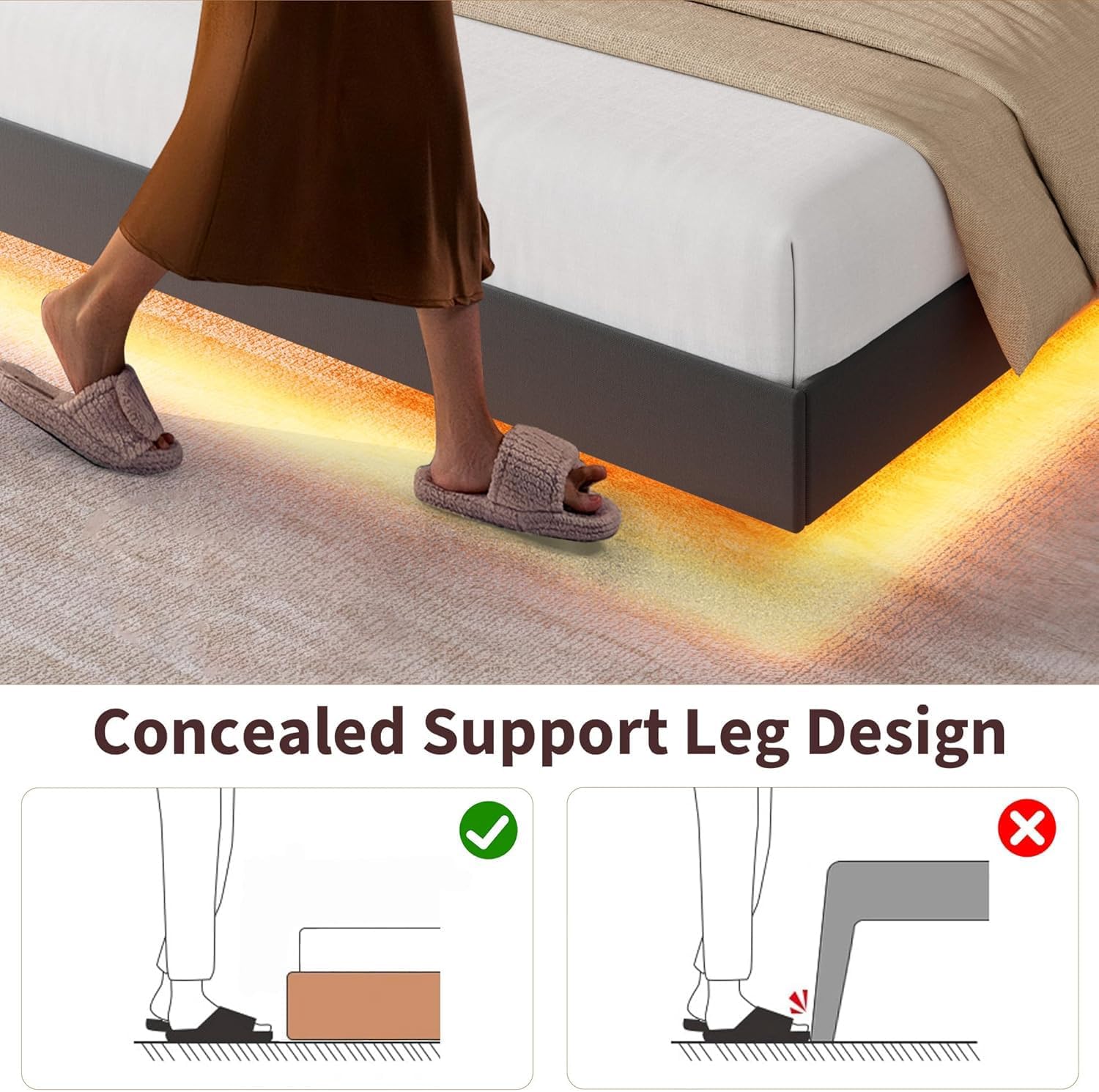Garvee Queen Size Floating Bed Frame with RGB LED Lights and Charging Station, Upholstered Platform Bed with Storage Headboard and Button Tufted Design, No Box Spring Needed, Black
