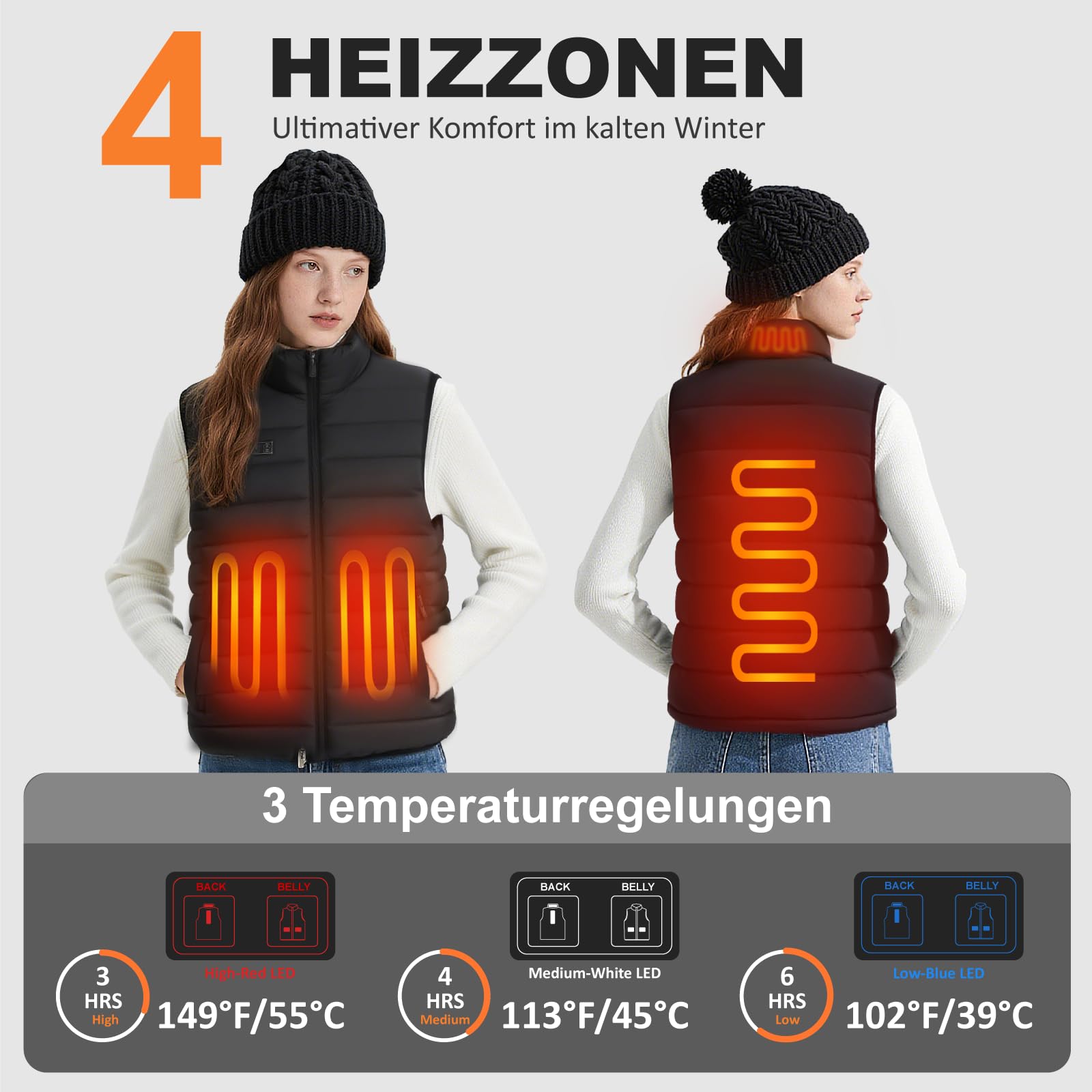 seenlast Beheizbare Weste Damen, Heizweste Damen mit akku 10000 mAh, Wärmeweste Beheizte Weste mit 3 Stufen Temperatur und 4 Heizzone, Beheizbare Kleidung Wärmejacke für Outdoor Motorrad Camping