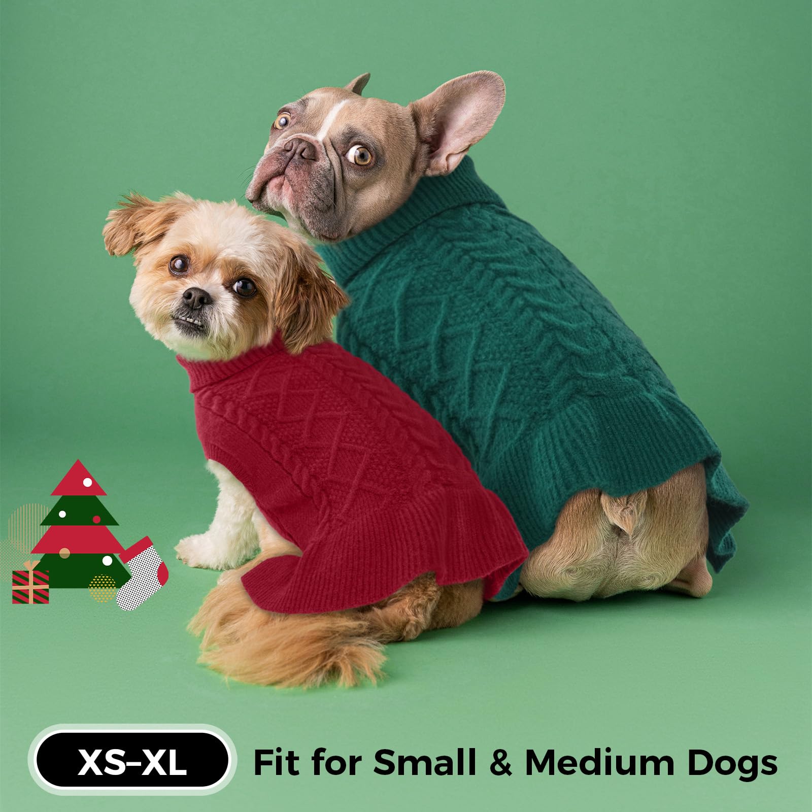 Lelepet Chandail de Noël à col roulé pour chien, en tricot torsadé – Robe chaude pour chiens de petite, moyenne et grande taille – Vêtement d'automne – Chihuahua, taille XS – Rouge