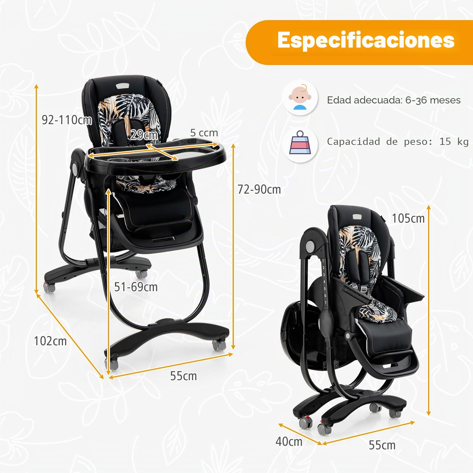 GOPLUS Trona para bebé con bandeja doble extraíble, respaldo ajustable, reposapiés y altura del asiento, silla de alimentación con ruedas y bolsa de almacenamiento para bebés de 6 a 36 meses (negro)