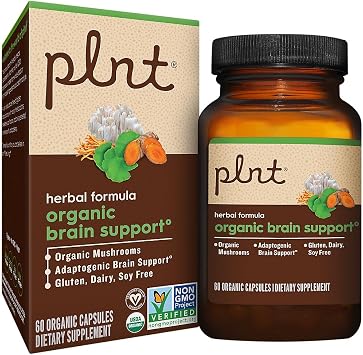 plnt Organic Brain Health Support - Herbal Formula with Organic Mushrooms 60 Capsules