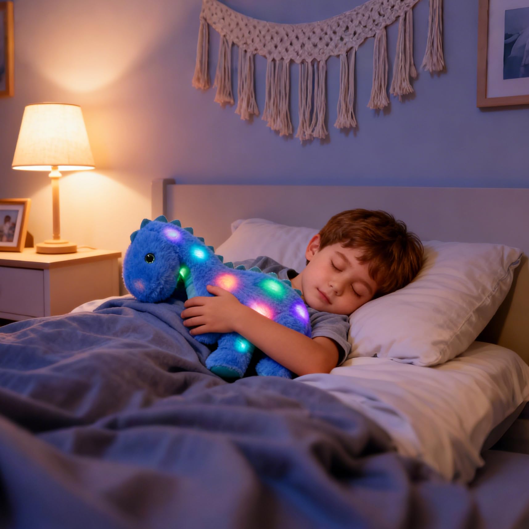 Hopearl Luce di dinosauro farcito musicale a LED sul canto Diplodocus morbido peluche con collo lungo volume regolabile regali animati per bambini piccoli, blu, 40,6 cm