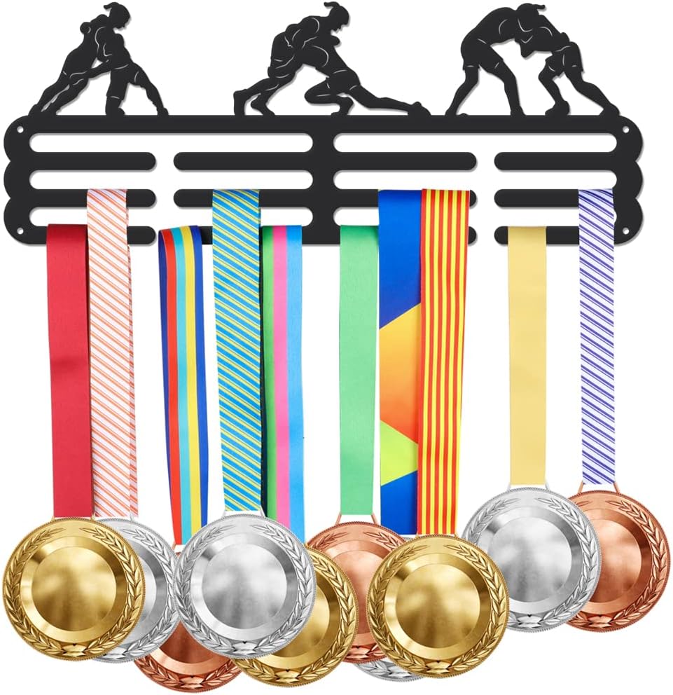 SUPERDANT Track and Field Medal Hanger Display Decathlon Male Sports Medal Display Rack Never Give Up Wall Mount Ribbon Display Holder Rack Iron Hooks for 40+ Awards Sports Wall Hanging Athlete Gift