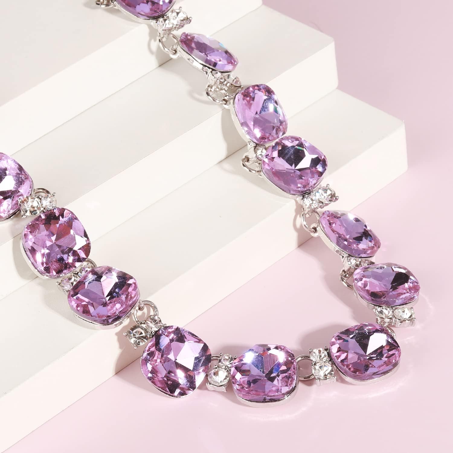 Clear Purple Austrian Crystal Wedding Bridal Jewelry Set for Brides Bridesmaid, Gemstone Statement Necklace and Earring Set Formal Prom Jewelry Set for Silver-Tone Fit With Wedding Evening Dress - Image 8