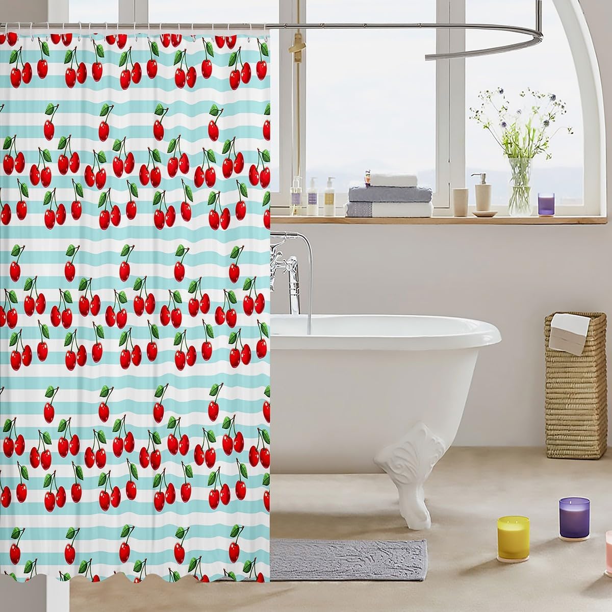 Feelyou Cherry Bath Curtain for Kids Boys Girls 72"x78" Streak Pattern Shower Curtain Waterproof Tempting Cherries Bathroom Shower Curtain Set Cherry Prints Kids Bathroom Accessories